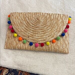 Colorful Pom Pom Straw Clutch